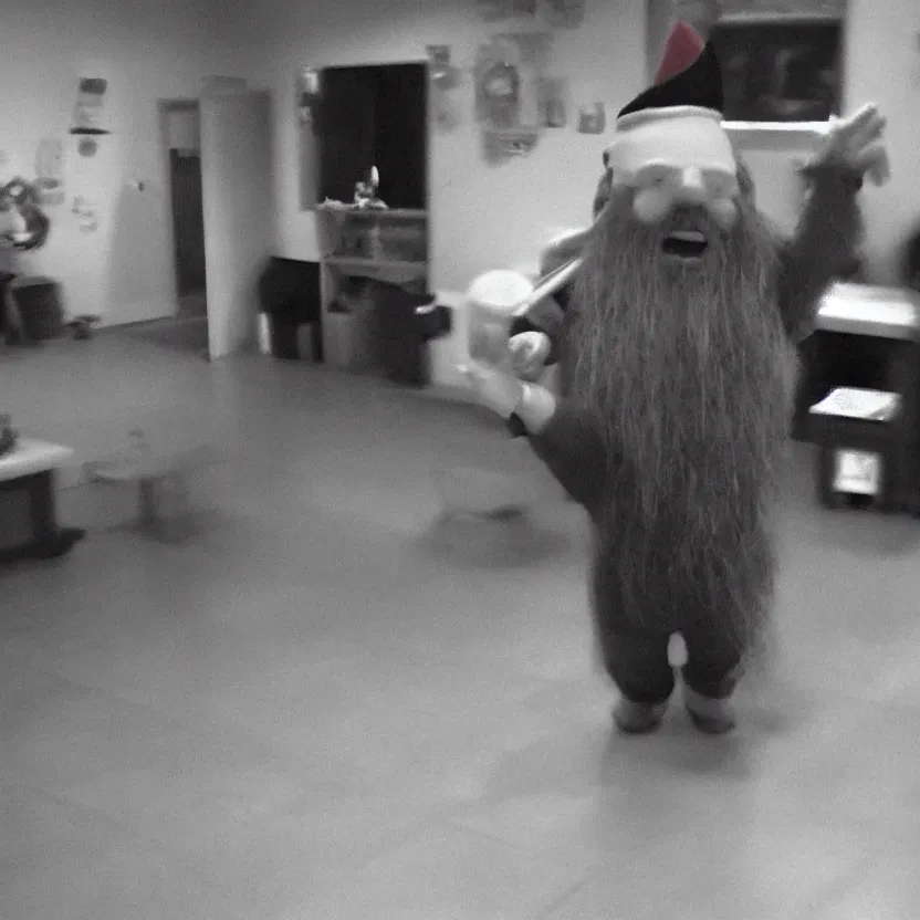 Image similar to cctv footage of a live gnome dancing