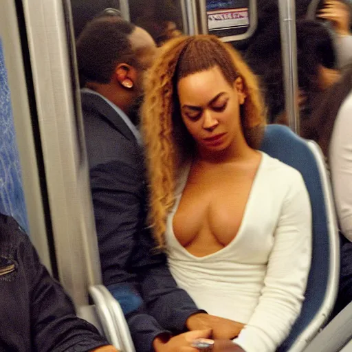 Prompt: beyonce asleep riding the subway late at night
