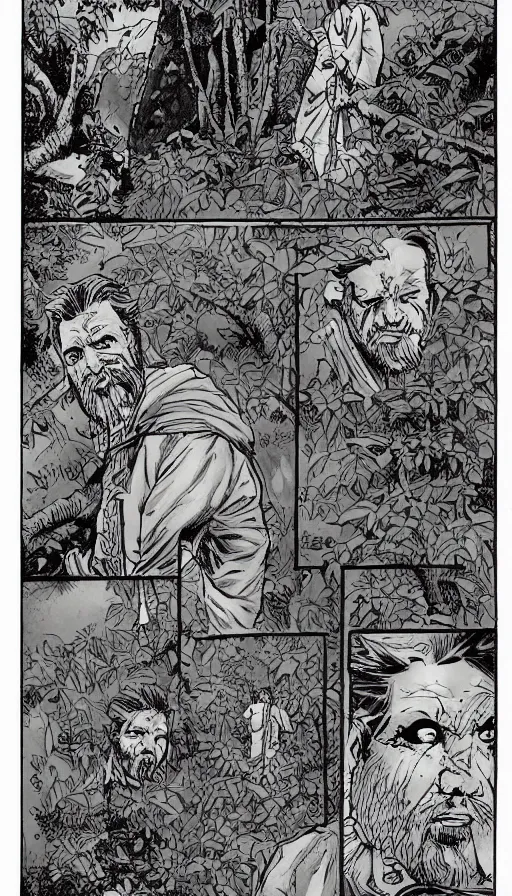 Image similar to multi - panel page from a highly detailed horror comic. a handsome rugged bearded man treks through a rainforest. finds an ancient temple. ink.