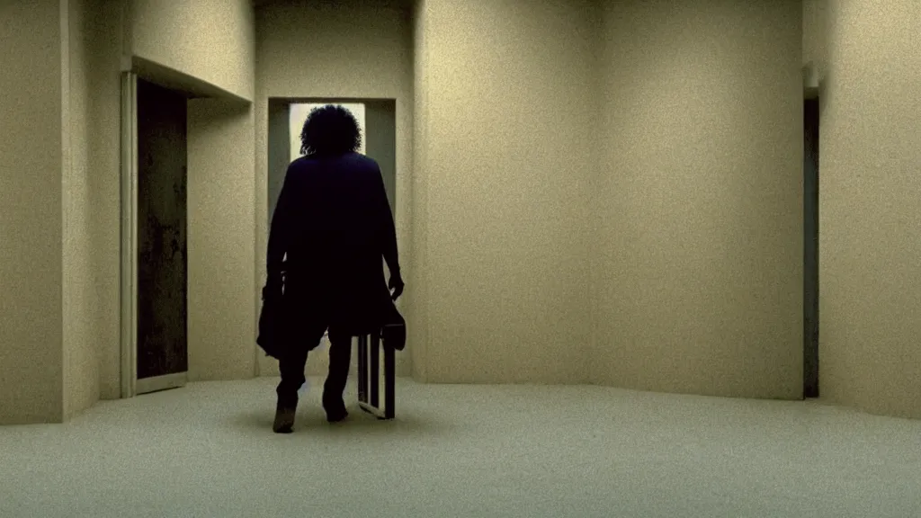 Image similar to photo from distance of a black man with long curly hair, carrying a electric guitar, walking out of from the past door, film still from the movie directed by Denis Villeneuve with art direction by Zdzisław Beksiński, wide lens