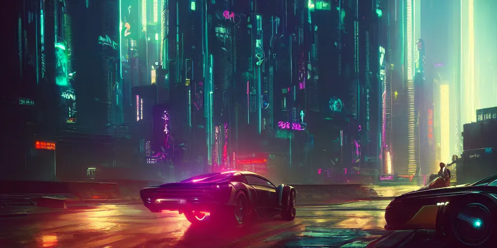 Image similar to cyberpunk 2 0 7 7, night time, city lights, extremely detailed digital painting, in the style of fenghua zhong and ruan jia and jeremy lipking and peter mohrbacher, mystical colors, rim light, beautiful lighting, 8 k, stunning scene, raytracing, octane, trending on artstation