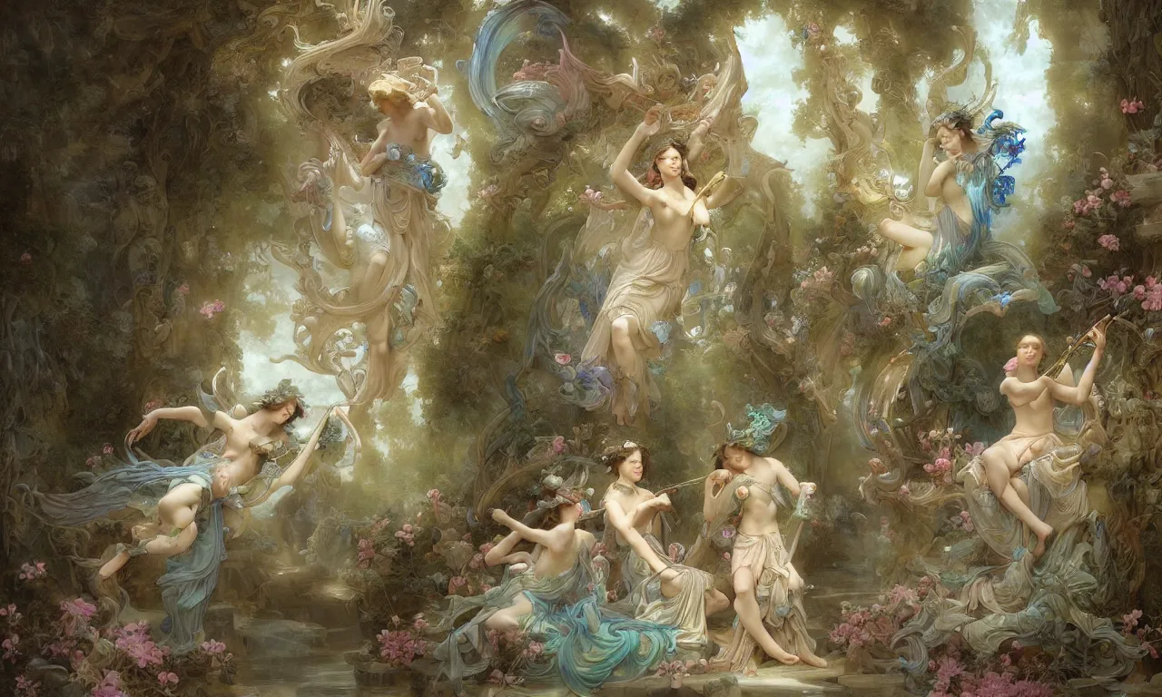 Prompt: a luminous springtime fairytale of an iridescent magical dragon playing the harp in the romantic courtyard of an underwater baroque white marble cathedral with stained glass windows. Neon light, masterpiece 4k digital illustration by Ruan Jia and Mandy Jurgens and William-Adolphe Bouguereau, award winning, Artstation, Gustave Dore' background, intricate details, realistic, panoramic view, volumetric lighting, Hyperdetailed, 8k resolution, golden hour, rendered in Unreal Engine 3