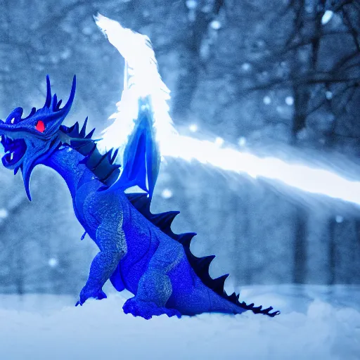 Image similar to a cobalt colored dragon breathing fire during winter, dynamic lighting, volumetric, wide angle, anamorphic lens, go pro, 4k