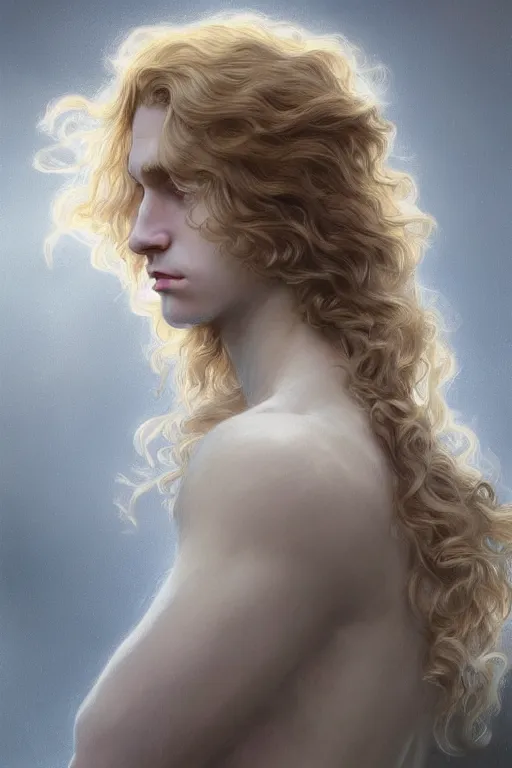 Image similar to beautiful cottagecore pale blond androgynous young man Lucius , long fluffy curly blond hair, pale skin, innocent, intricate, elegant, highly detailed, digital painting, artstation, concept art, smooth, sharp focus, illustration, art by artgerm and greg rutkowski and alphonse mucha