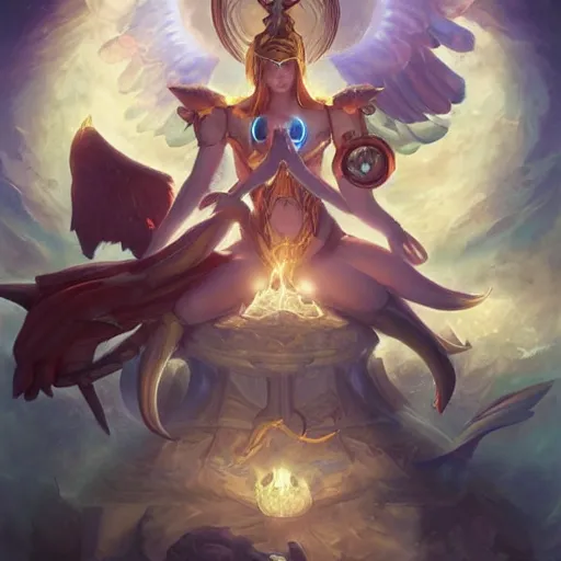 Image similar to angelical time keepers performing a ritual of planetary sacrifice, emotional, fantastic, stars, detailed, digital art, artstation by peter mohrbacher and artgerm, league of legends splash art