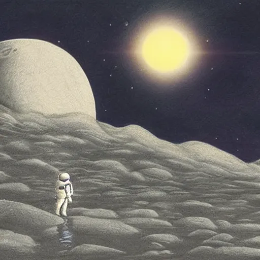 Image similar to Drawing. A beatiful illustration of a planet with two moons in the background. In the foreground, there is a woman wearing a spacesuit and holding a phaser. She is standing on a rocky surface, and there is a ship in the distance. pencil sketch by Steve Argyle, by Mark Ryden composed, lines