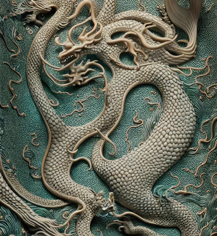 Image similar to Dragon, A Close up photo-real delicate ceramic porcelain sculpture of a symmetrical ornate detailed in front of an intricate background by Victo Ngai and takato yamamoto, micro detail, backlit lighting, face in focus, subsurface scattering, translucent, thin porcelain, octane renderer, colorful, physically based rendering, japanese pottery, trending on cgsociety