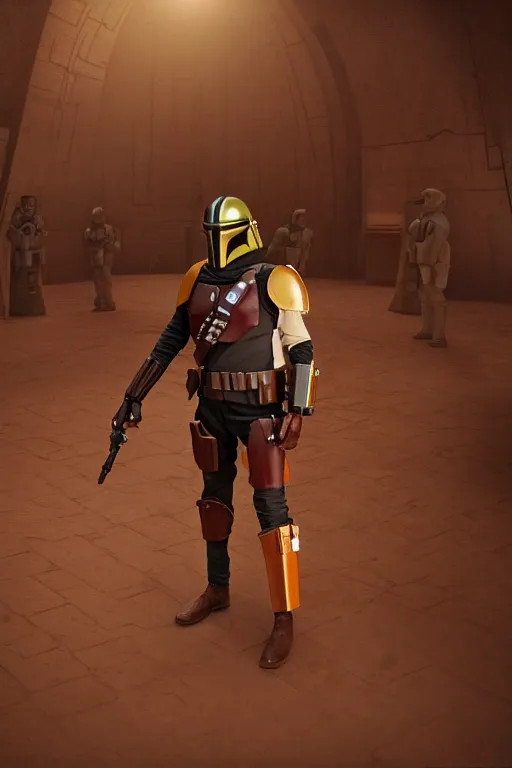 Image similar to off angle beautiful full body shot film still of the Mandalorian standing in a mos Eisley cantina, rim lighting, volumetric lighting, action pose, low angle, hard surface modeling, unreal, redshift, 3d model, 8k