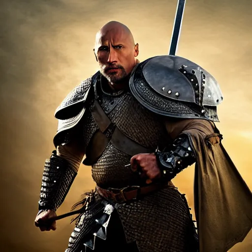 Prompt: medieval fantasy half length d & d portrait photo of dwayne johnson as a d & d armored fighter with sword and shield, photo by philip - daniel ducasse and yasuhiro wakabayashi and jody rogac and roger deakins