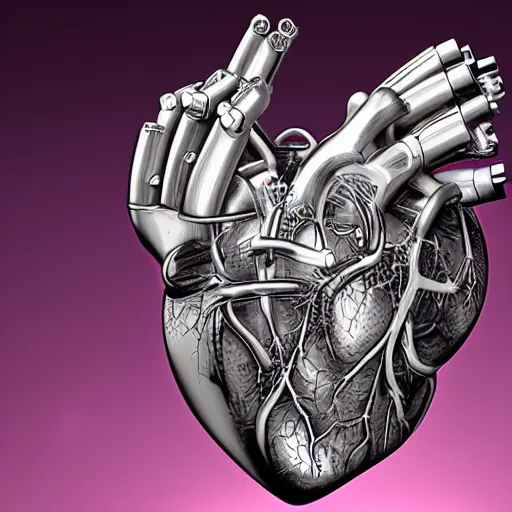 Prompt: an anatomically correct cybertronic human heart, biomechanical, made of metal, reflective
