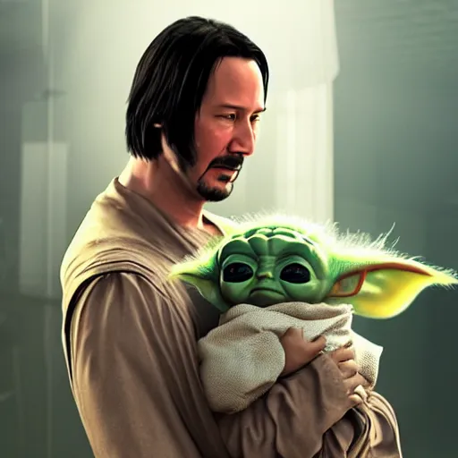 Prompt: keanu reeves holding baby yoda in his arms, matrix, detailed, hyper realistic, 4 k octan render, unreal 5