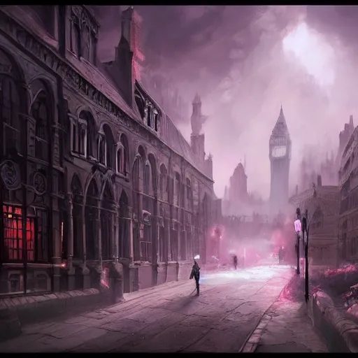 Prompt: 1850's London, dreamscape, dramatic lighting, fantasy art illustration, trending on artstation, Aetherpunk
