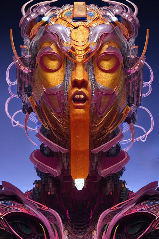 Image similar to asura from chinese myth, ghost, gorgeous and huge head ornaments, dystopian, cyberpunk, organic fractal mycelum and fungi, mecha, halfturn portrait of a big crystal face made of crystals half - turn, ominous, intricate, studio, art by anthony macbain + greg rutkowski + alphonse mucha, concept art, 4 k, sharp focus