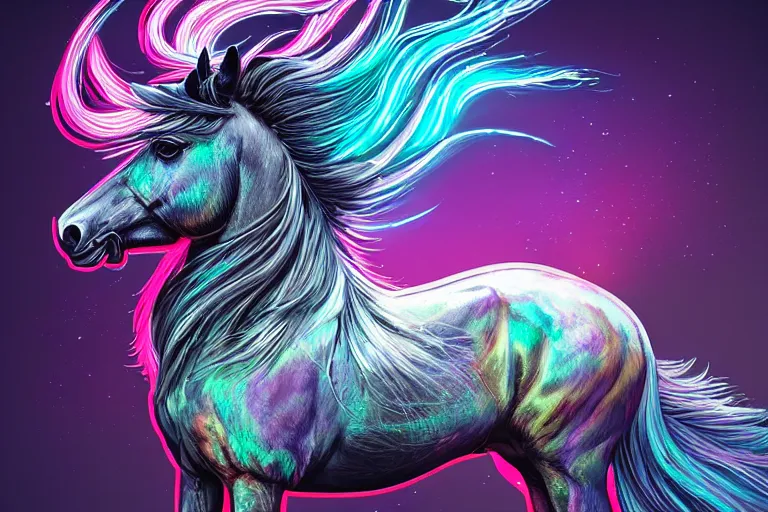 Image similar to a stunning horse with bioluminescent mane and tail running in the clouds by sandra chevrier and greg rutkowski, neon hooves, purple blue color scheme, vaporware, retro, outrun, high key lighting, volumetric light, digital art, highly detailed, fine detail, intricate, ornate, complex, octane render, unreal engine, photorealistic