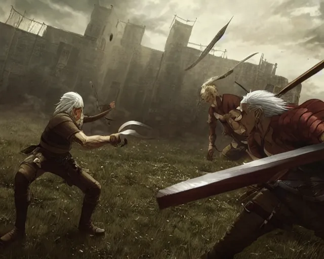 Prompt: geralt of rivia and eren jager fighting in attack on titan, greg rutkowski, anime