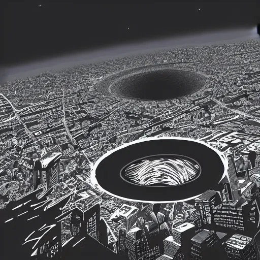 Image similar to png logo of black hole rising above city, city destroyed by shockwave, black hole with accretion disс, digital art, vector logo, sticker, black and white, art by stefan koidl, brock hofer, marc simonetti