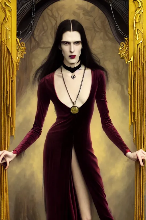 Image similar to a beautiful feminine androgynous man, long hair, tall and thin, vampire, dressed in velvet, fully dressed, wearing several pendants and a choker, illustration, dramatic lighting, soft details, painting oil on canvas, art nouveau, octane render, hdr, 4 k, 8 k, hd, by edmund blair leighton, brom, charlie bowater, faces by otto schmidt