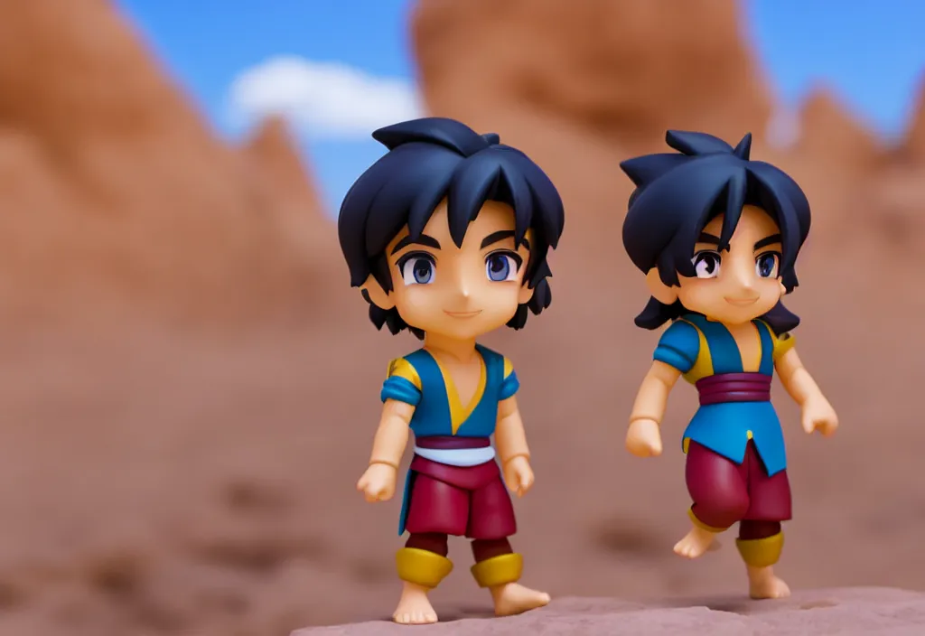 Image similar to side view of young aladdin as nendoroid running in desert village, 8 k hd dof, kodak film,