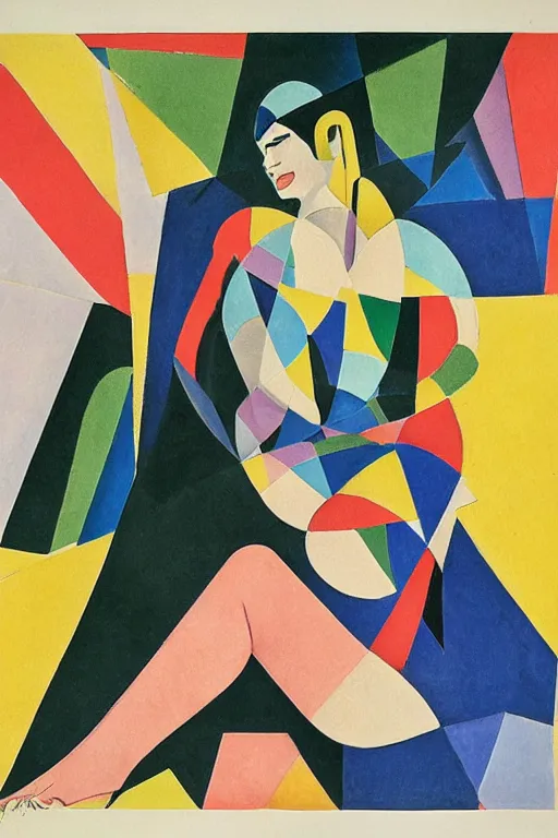 Prompt: A cubist painting of a beautiful lady laying in a lake filled with lily pads and big trees with mystic noise by Sonia Delaunay, paper cutouts of plain colors, risograph print