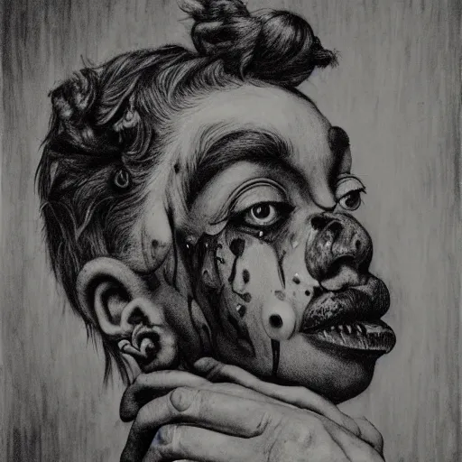 Image similar to a black and white photograph by Gary Baseman, Robert Crumb, Jim Henson, Jenny Saville, Egon Schiele, photorealistic, surreal, high contrast, film photography, portrait photography