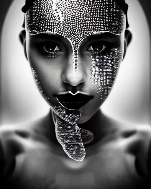 Image similar to black and white dreamy spiritual female water - cyborg high quality portrait photo, microchip leaves, artificial intelligence, cinematic, rim light, photo - realistic, elegant, high detail, 8 k, masterpiece, high fashion, in the style of man ray