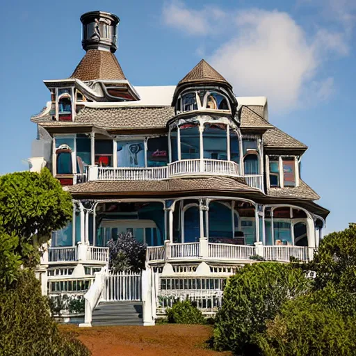 Image similar to a victorian style 2 story house on top of a hill surrounded by an ocean full of sharks