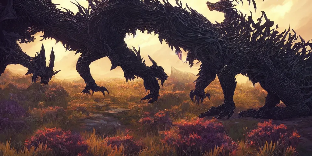 Image similar to The guardian of the meadow, a terrible black dragon, mattepainting concept Blizzard pixar maya engine on stylized background splash comics global illumination lighting artstation by Feng Zhu and Loish and Laurie Greasley, Victo Ngai, Andreas Rocha, John Harris