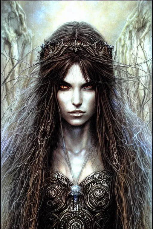 Prompt: head and shoulders portrait of a druid, female, high fantasy, dnd, art by luis royo