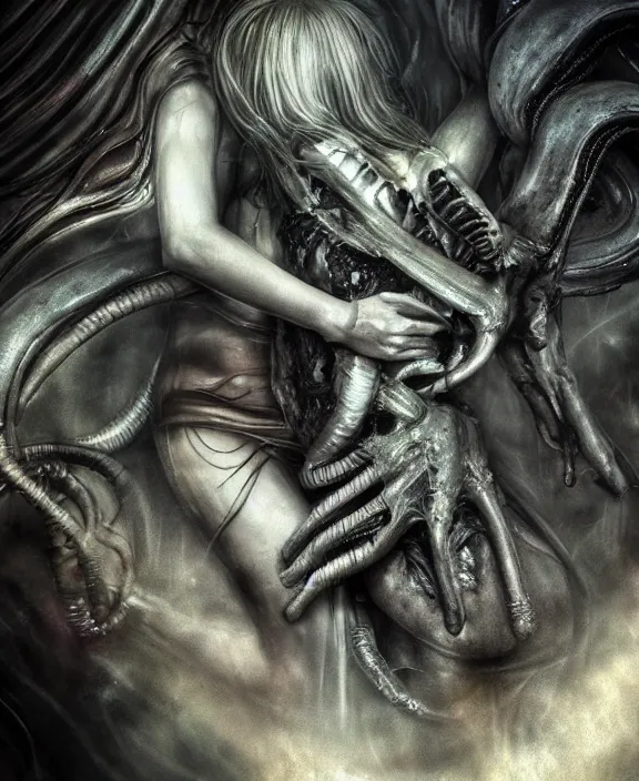 Image similar to xenomorph hugging pale sad beauty merging, dark mist colors, giger background liminal void, digital art, cinematic lighting, realistic, award winning photograph, various refining methods, micro macro autofocus