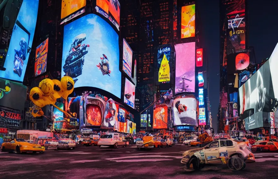 Image similar to A hyperrealistic low angle shot of a tiny astronaut , with a psychedelic mushroom on the screen, in a post apocalyptic Times square New York City, at night, unreal 5, DAZ, hyperrealistic, octane render, dynamic lighting