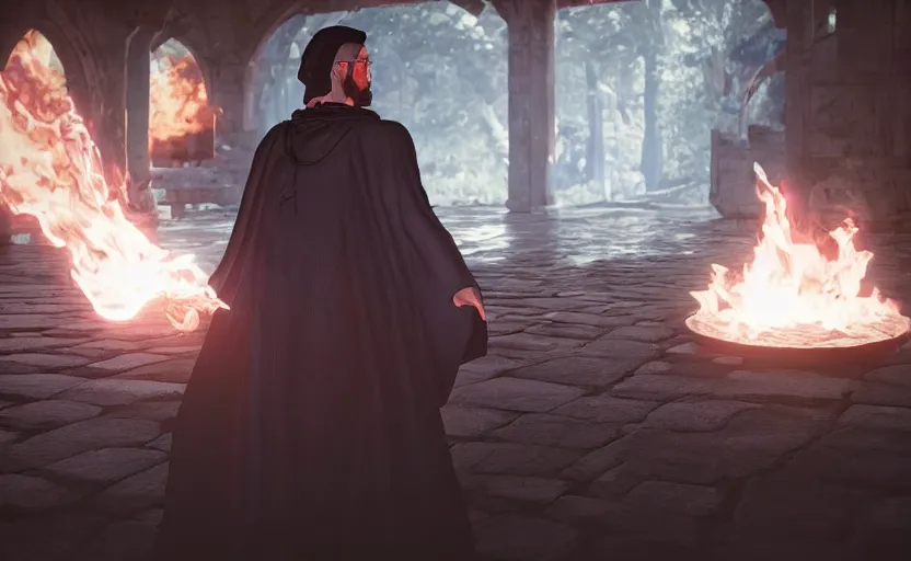 Image similar to male mage, black robe, blue fire circle in the background, war, unreal engine, ray tracing, 8k, realistic, universe