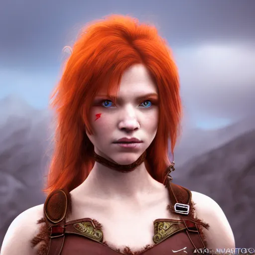 Prompt: north female warrior, red hair, ginger hair, fantasy, high detailed, photography, cloudy, lightweight armor, Scandinavia, plain, Authentic, detailed face, cute face, professional photographer, masterpiece, trading on artstation, 8k, 3D