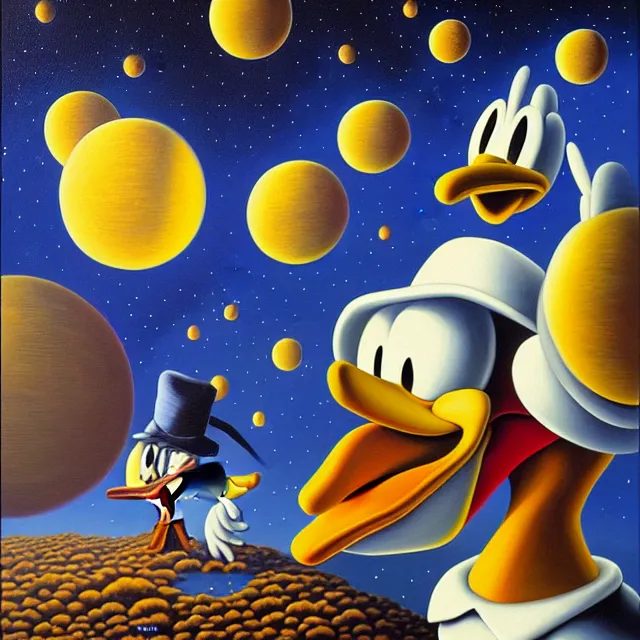 Prompt: an oil on canvas portrait painting of donald duck, surrealism, surrealist, cosmic horror, rob gonsalves, high detail