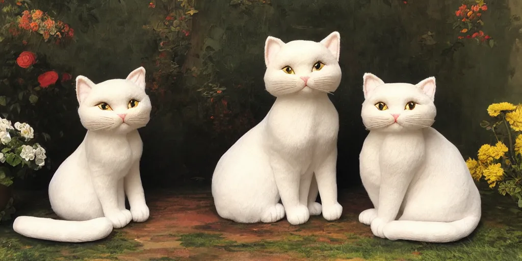 Prompt: 3 d precious moments plush cat with realistic fur sitting next to a precious moments house made of porcelain, precious moments hawthorne village, master painter and art style of john william waterhouse and caspar david friedrich and philipp otto runge and precious moments