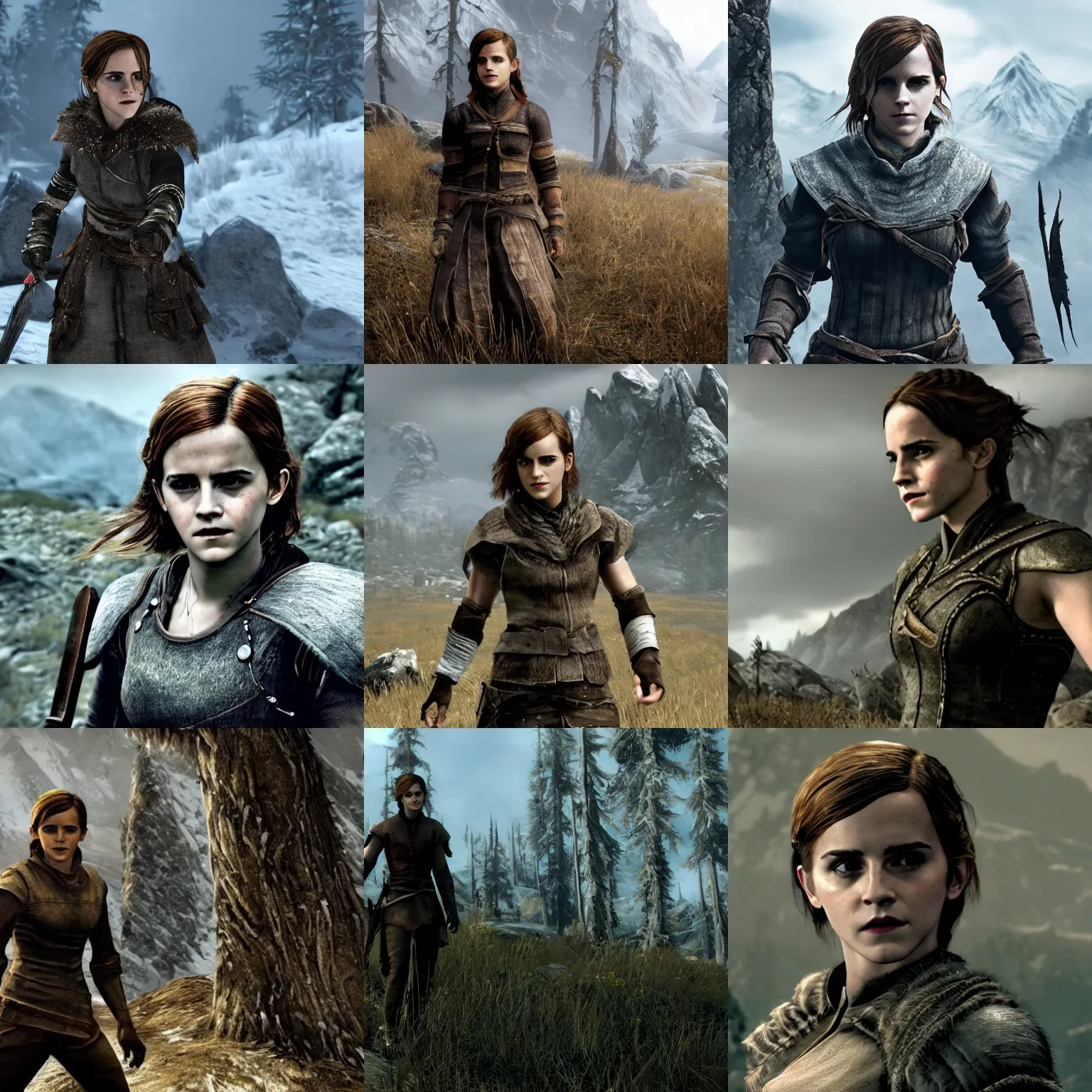 Prompt: Movie still of Emma Watson in Skyrim Ultra Modded