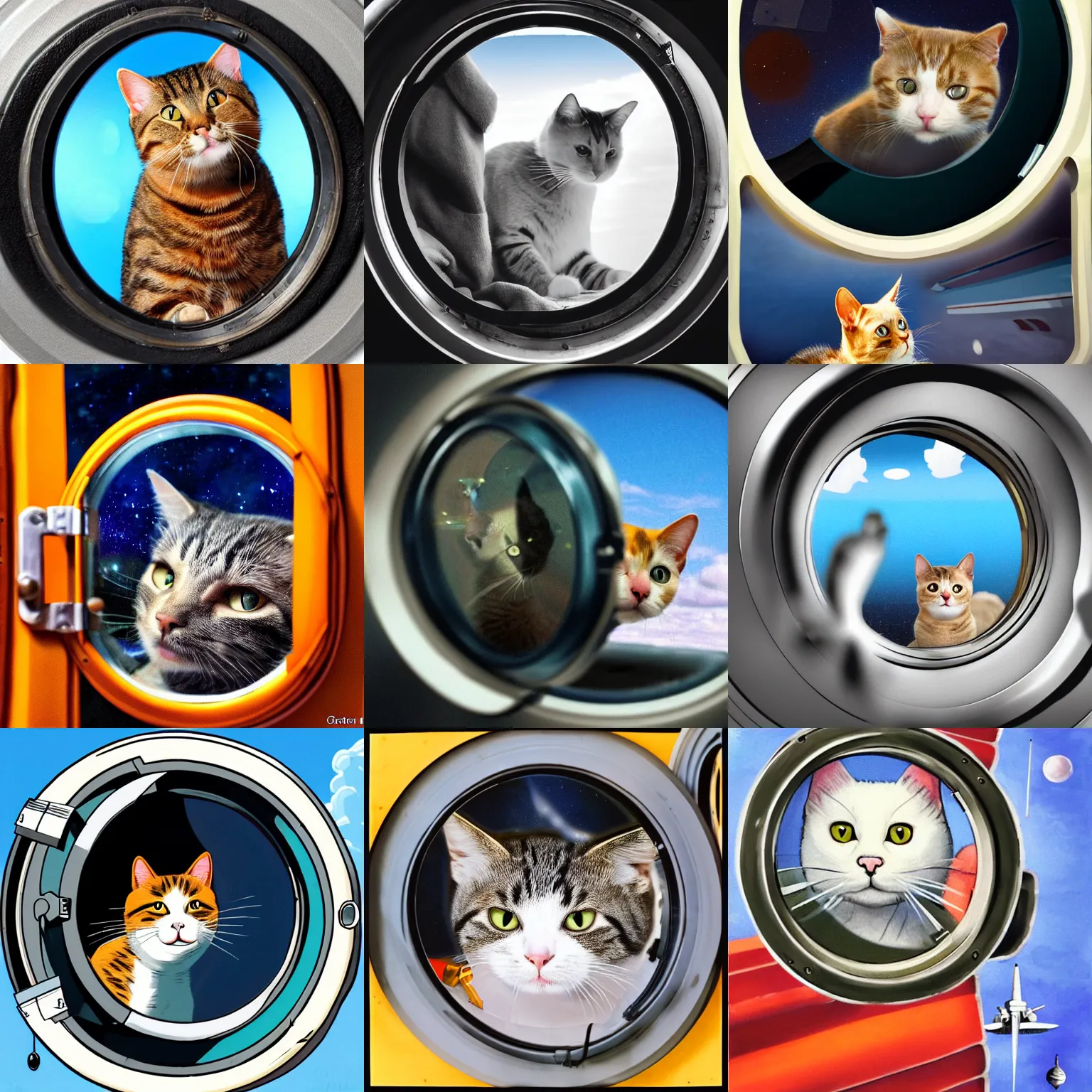 Prompt: The cat looks out of the porthole with his back to me, background is plane in space, soft light, cartoon style