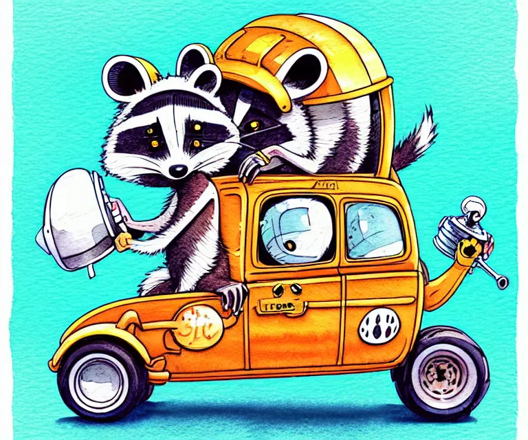 Image similar to cute and funny, racoon wearing a helmet riding in a tiny hot rod with oversized engine, ratfink style by ed roth, centered award winning watercolor pen illustration, isometric illustration by chihiro iwasaki, edited by range murata, symmetrically isometrically centered