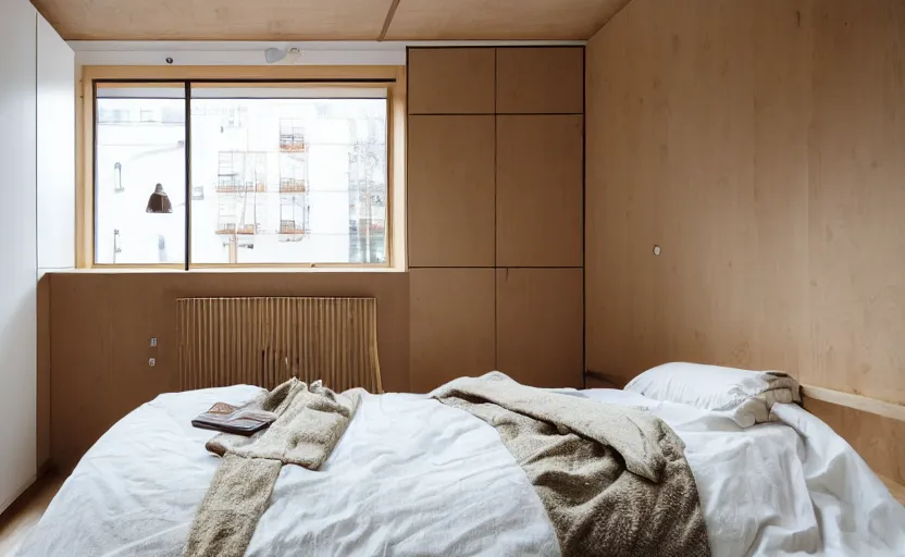 Image similar to interior of a compact minimalist bedroom in an apartment building, bed, ocher wall, cupboards, japanese design, swedish design, natural materials, pine wood, earth colors, feng shui, white, beige, bright, windows with a view of a green park, modernist, 8 k