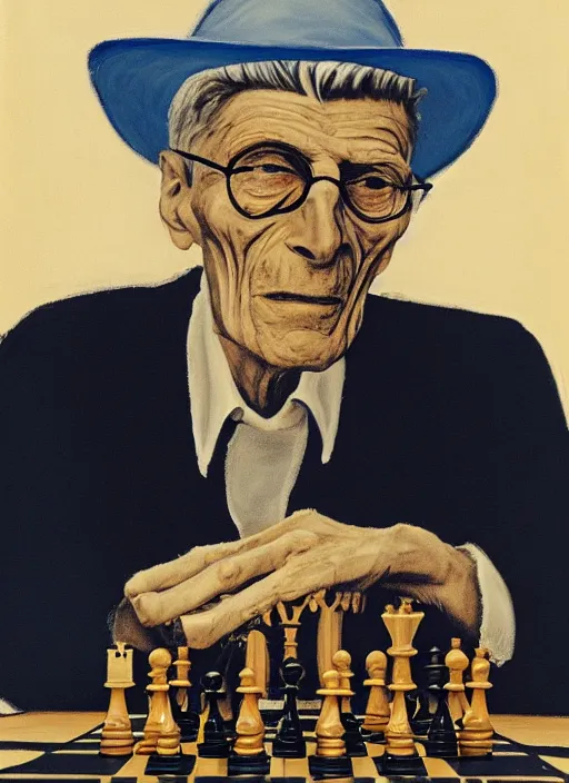 Image similar to samuel beckett playing chess with a sad death wearing a blu hat, photo, expressionist, nordic light