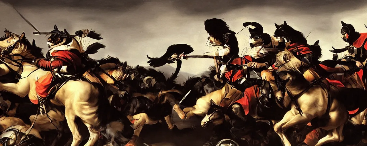 Prompt: Caravaggio painting of cat crusaders charging into battle atmospheric, artstation, high detail