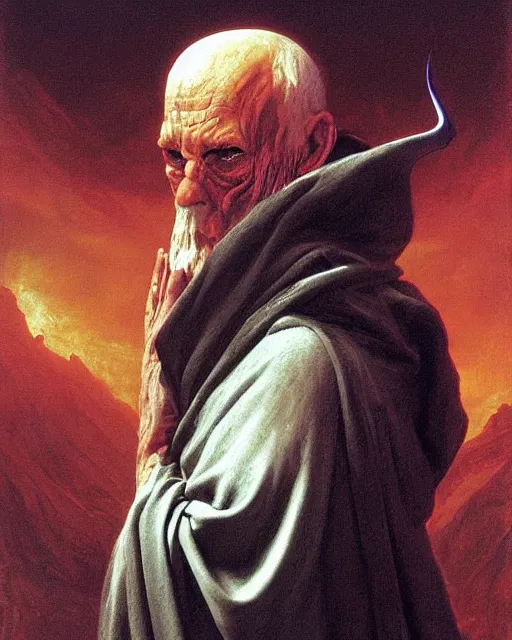 Image similar to A wizard. He has a very menacing expression. he wears robes. Award winning oil painting by Thomas Cole and Wayne Barlowe. Highly detailed