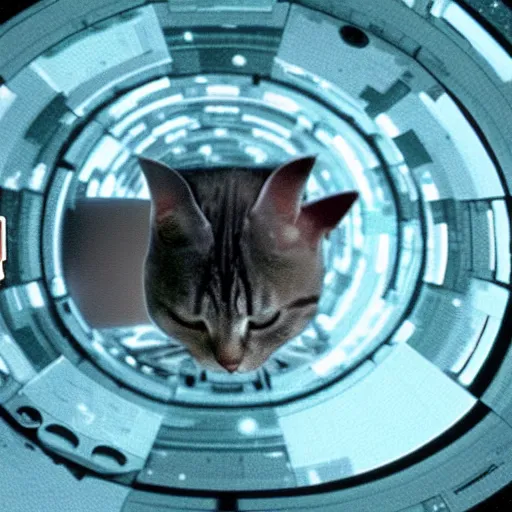 Prompt: a cat getting lost in the stargate sequence, 2 0 0 1 a space oddysey style