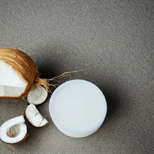 Image similar to centered white perfume bottle next to halved - coconuts, with white crisp zen soft - sandy - beach background, illumination lighting, sharp focus, vogue, hartper's bazaar