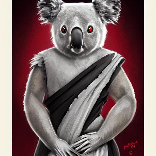 Prompt: an elegant koala dressed in a crimson - black shinobi outfit, digital art by łukasz piskorz and patrick mcenvoy and michael komarck, intricate, highly detailed, artstation, concept art, smooth, sharp focus vector