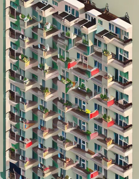 Prompt: Beautiful illustration of an isometric cross-section infographic of an apartment building by Adolfo Arranz and Rafal Oblinski, trending on Artstation. Families on balconies, relaxing. f/11. By Beeple. Colorful, vivid, rendered in Unreal Engine