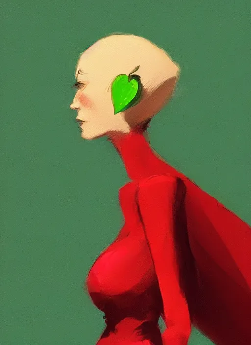 Image similar to a digital painting of a beautiful anthropomorphic humanoid female green apple wearing a red dress, by netter, style from greg rutkowski, beautiful eyes, full frame, oil painting, featured on artstation, concept art, smooth, sharp focus, illustration, very detailed, ambient lighting, unreal engine render, concept art by Atey Ghailan, by Loish, by Bryan Lee O'Malley