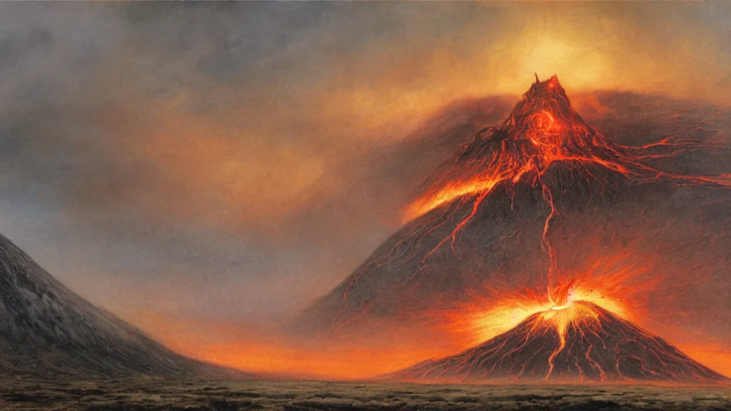 Image similar to volcanic plains of mordor, flaming eye of sauron in the dark clouds above, by alan lee, intricate, lord of the rings calendar, smooth, detailed terrain, oil painting, trending artstation, concept art, matte painting