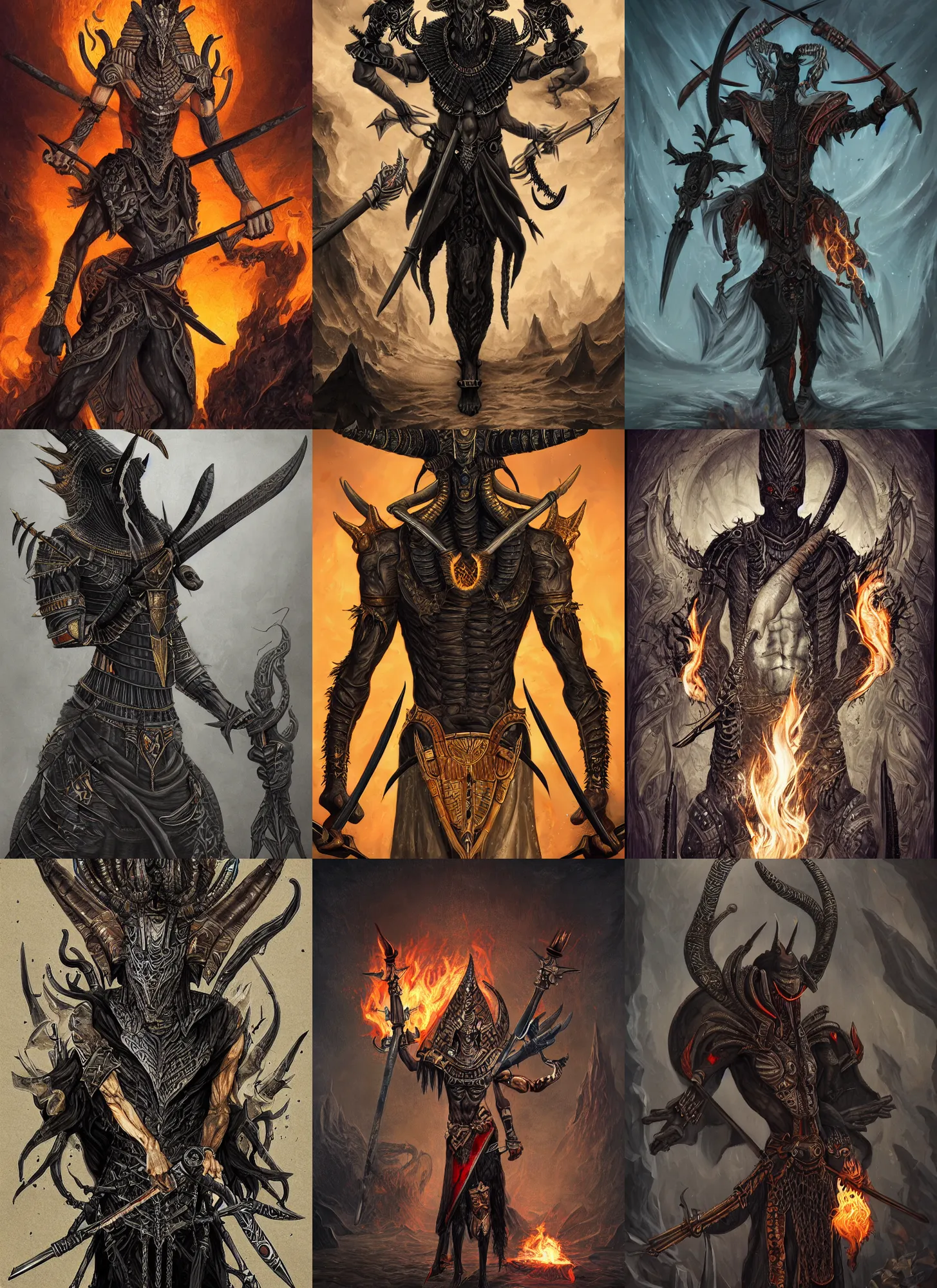 Prompt: black skinny corpse with two horns holding flaming sword, hell, egyptian clothes, intricate, dark, highly detailed, artstation, sharp focus, illustration, mohrbacher