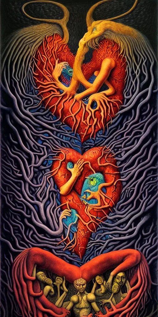 Image similar to mythical creatures and monsters in the visceral anatomical human heart imaginal realm of the collective unconscious, in a dark surreal mixed media oil painting by johfra, mc escher and ronny khalil, dramatic lighting from inner fire