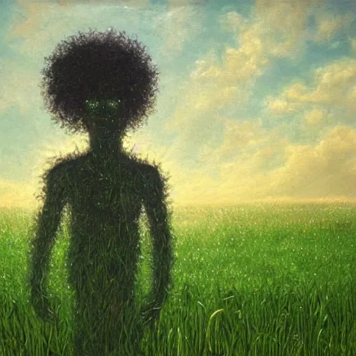 Prompt: Humanoid figure with curly hair floating in a field of grass, the figure has a green glow backlighting it, it’s eyes are glowing,surrounded by trees and grass, highly detailed oil painting